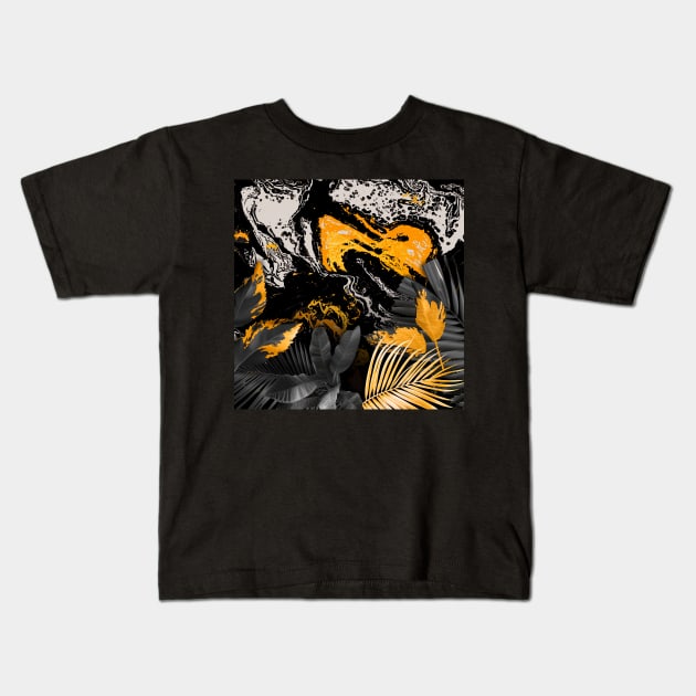 Black Gold marble and monstera Kids T-Shirt by GreekTavern